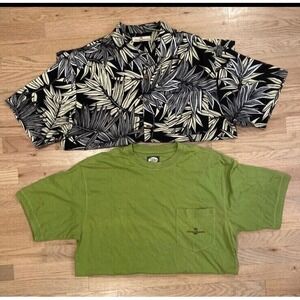 Tommy Bahama Green Black Cotton‎ T Shirt & Silk Button Up Shirt Men's L Lot of 2
